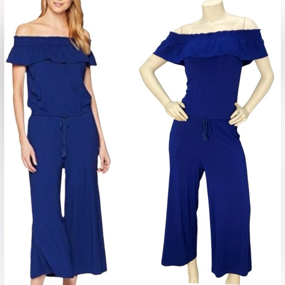 LAUREN RALPH LAUREN Royal Cobalt Blue Off Shoulder Flounce Soft Crop Jumpsuit,XS - Picture 1 of 13